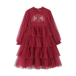 女童红色连衣裙2026新款公主裙网纱裙秋冬新年衣服儿童拜年服裙子