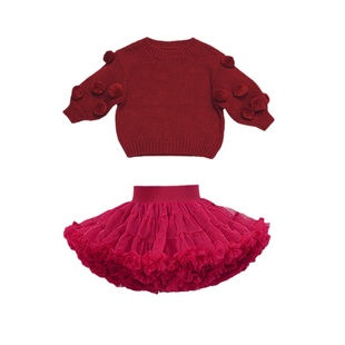 高级感女童tutu裙套装春秋季婴儿洋气宝宝新年礼服红色裙子两件套