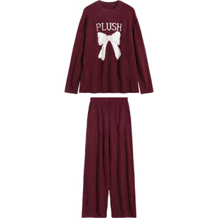 秋冬季半边绒喜庆睡衣女款珊瑚绒2025年新款本命年红蝴蝶结家居服