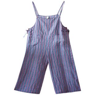 【现货】亚麻连体裤女夏季百搭长裤宽松背带裤条纹阔腿裤休闲裤子