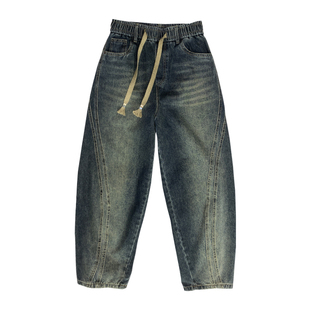 松紧腰牛仔裤男直筒宽松弯刀阔腿美式高街裤子潮流百搭复古老爹裤