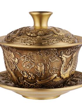 纯黄铜创意茶具龙凤呈祥铜器铜茶碗茶杯三件套家居铜器摆件礼品