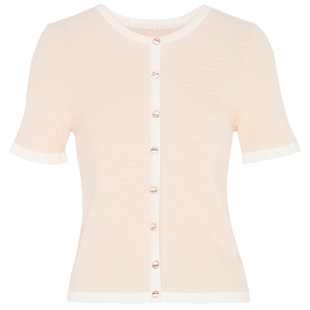 马天奴冬季新款杏色圆领提花肌理纽扣收腰修身短袖针织衫短袖上衣