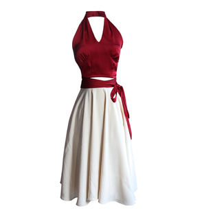 赫本风复古挂脖红色上衣法式套装伞裙半身裙两件套裙装设计感女夏