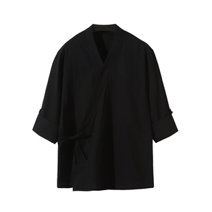 夏季薄款白色交领衬衫男七分袖斜襟汉服道袍半袖右衽茶服居士衬衣