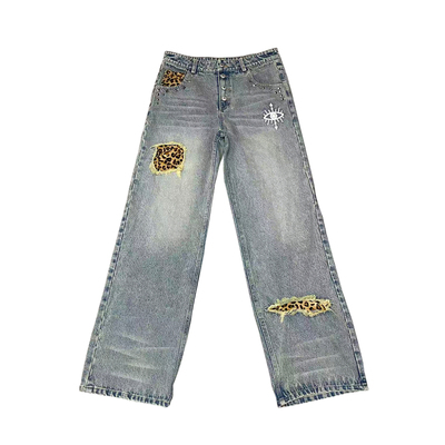 Phantomhunter芬特亨克 25FW豹纹拼接水洗做旧baggy宽松牛仔裤