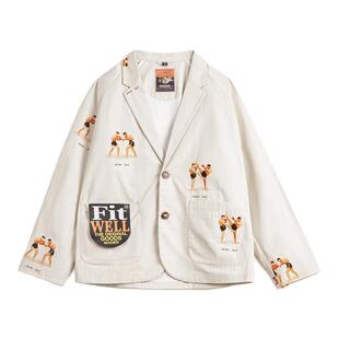 马登工装美式休闲平驳领西装印花外套白色西服纯棉长袖衬衫男款春