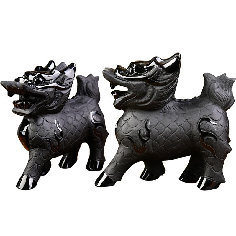 黑曜石麒麟摆件黑色水晶如意瑞兽