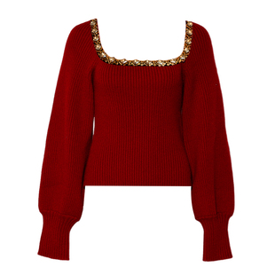 DPLAY2025年冬季新款新年红色毛衣方领法式女独特上衣气质针织衫