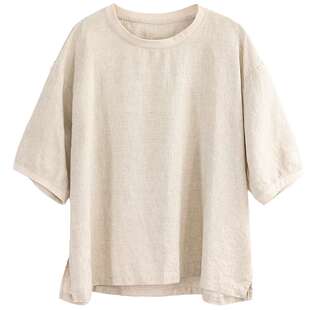 绿素棉 吸睛撞色七分袖亚麻T恤女士~宽松文艺 棉麻上衣女夏季短袖