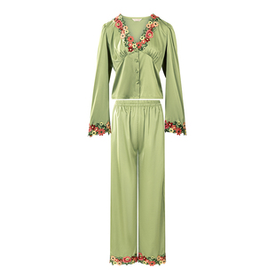 NoirTease春夏性感丝质睡衣女士刺绣薄款家居服两件套装可外穿