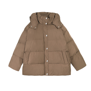 NEVA HU【现货6.5折】黑色连帽羽绒服女新款保暖白鸭绒外套面包服