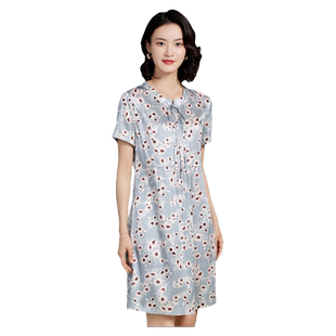 佐尔美高质感 弹力桑蚕丝真丝短袖碎花连衣裙女E22LS34
