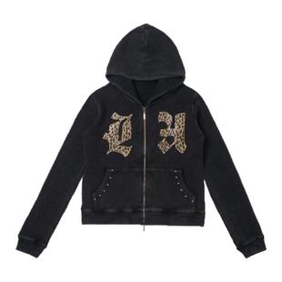 local aliens外星沙龙美式复古豹纹贴布铆钉拉链卫衣华夫格外套潮