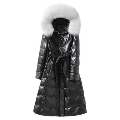 皮衣女中长款气质收腰狐狸毛领