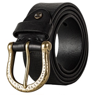 马登工装美式复古黄铜扣头皮带头层牛皮腰带单针真皮裤腰带男款
