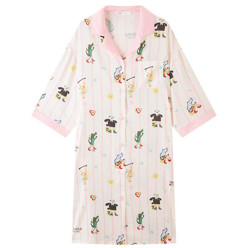 三福女春季趣味动物图案衬衫睡裙 柔软顺滑宽松家居服514877