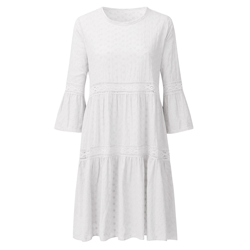 欧美新款蕾丝拼接镂空刺绣七分袖连衣裙大码跨境长裙女Lace dress