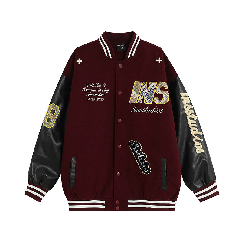 INSstudios 国潮牌情侣美式编织贴布刺绣LOGO棒球服夹棉夹克外套