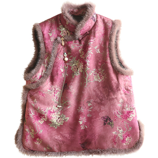 云澍原创交织香云纱新中式水貂毛领加棉马甲国风复古盘扣上衣女冬