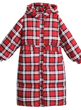 加厚红格子羽绒服女长款冬季外套