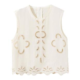 【奢线老钱风】8萬针雕孔刺绣圆领无袖绣花上衣+半裙亚麻套装女夏