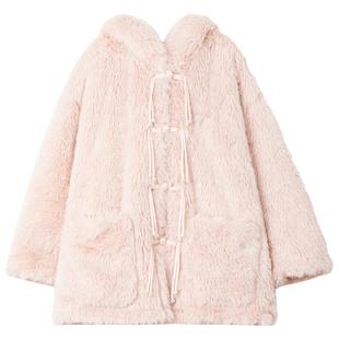 KEIKO 甜美软萌粉色环保皮草25冬季温柔珍珠扣饰毛绒绒厚外套大衣