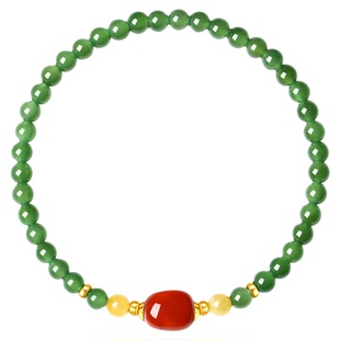 天然和田玉俄料碧玉南红手串女小米珠随形牛血红火焰纹新中式手链