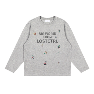 LOSTCTRL 初秋美式复古圆领个性印花纯棉宽松长袖针织T恤男女同款