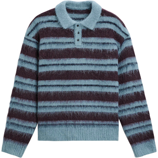 柜319!秋冬新品男装欧美简约拉绒条纹翻领休闲针织衫毛衣9598395