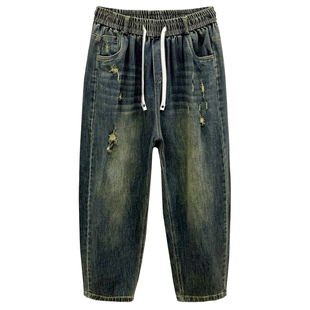 春秋新款大码240斤胖mm宽松显瘦松紧腰老爹裤 怀旧色直筒牛仔裤女