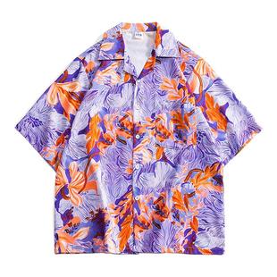 2024时尚港风古巴领碎花衬衫男女宽松夏威夷海边沙滩度假短袖衬衣