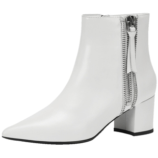 Aee/爱意冬靴羊皮尖头高跟粗跟短靴女侧拉链短筒靴子1618505032