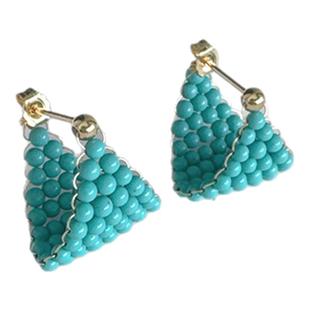 天然微沁绿松石圆珠小巧三角小毯编织耳钉耳饰14k包金耳环