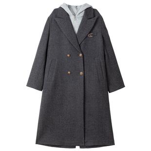 KEIKO 格雷系假两件可折连帽毛呢大衣冬季轻熟风灰色长款呢子外套