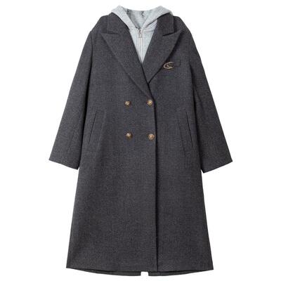 KEIKO格雷系假两件连帽毛呢大衣