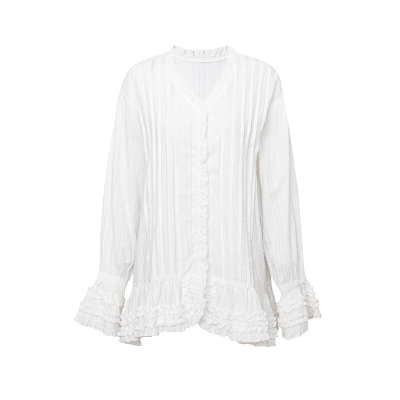 TOP家 浪漫序曲 法式复古精致细节感圆点提花褶皱木耳边长袖衬衫