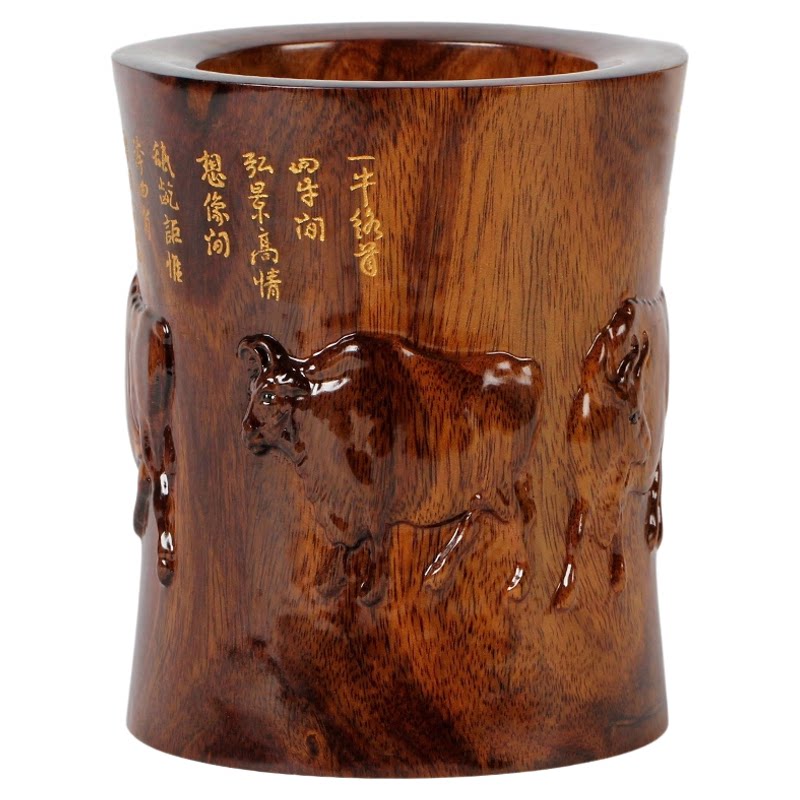 红木工艺品笔筒摆件生肖牛五牛图