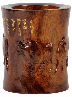 红木工艺品笔筒摆件生肖牛五牛图