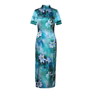 蝶恋 荷忆 真丝旗袍复古民国拼接薄纱长款绿色崔万志旗袍连衣裙