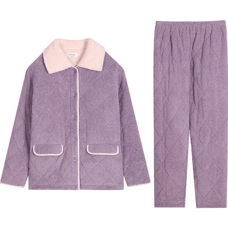 秋鹿加绒保暖开衫翻领夹棉家居服