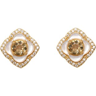 方糖家 天然黄水晶贝母四叶花纯银耳钉气质轻奢小众高级感耳饰女