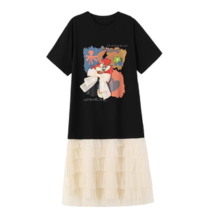 2025夏上新大码短袖印花T恤连衣裙女胖mm宽松显瘦市场长裙蛋糕裙