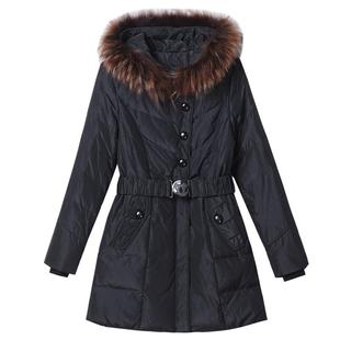 特价清仓貉子毛领白鸭绒中长款羽绒服女修身显瘦时尚连帽冬装外套