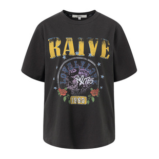 RAIVE2026春季女上衣复古感字母玫瑰撞色印花短袖韩版宽松T恤