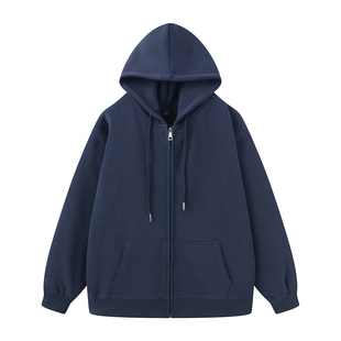 蓝色开衫外套拉链连帽加绒卫衣女款2026新款宽松慵懒风大码女装潮