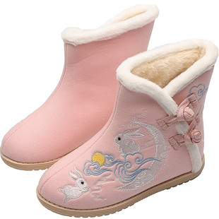 冬季加绒棉靴小兔子中国风汉服鞋子女童绣花鞋棉鞋靴子新年拜年鞋