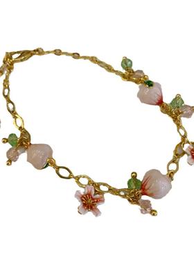 高级感彩绘珐琅粉色桃花花朵花瓣水蜜桃水果吊坠项链耳钉耳环手链