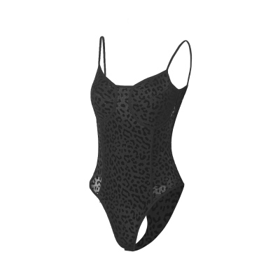 黑色豹纹带胸垫连体吊带背心