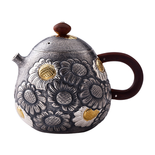 999纯银泡茶银壶套装小茶壶手工錾刻龙蛋壶雏菊中式家用功夫茶具